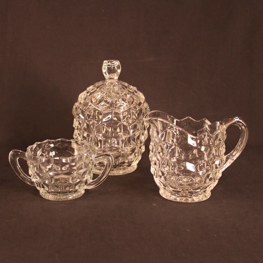 VTG Fostoria American Cream, Sugar and Sugar Bowl w/Lid Clear Cubist Pattern